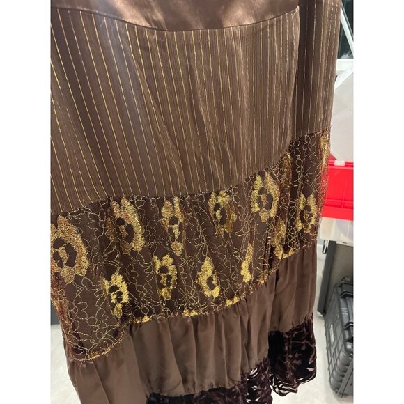 Spenser Jeremy Brown Silk Gold Metallic Thread Tiered Skirt Sz 4 - Picture 4 of 10